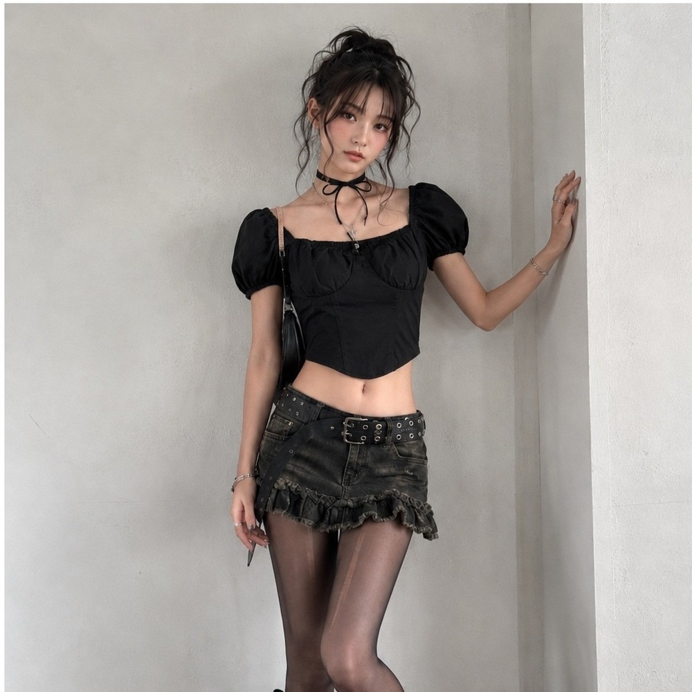 Black Puff Sleeve Crop Top Y2K Dark Coquette Fairy Grunge Square Neck Blouse